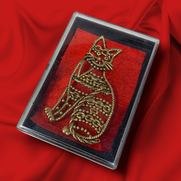 Vintage Modernist Sitting Cat Outline Brooch Pin Gold Tone Chains Gift Box - Picture 3 of 4